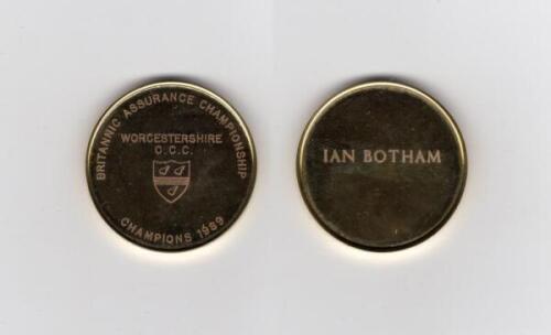 Ian Botham. ‘Britannic Assurance Championship 1989’. Original gold metal ‘Champions 1989’ medal awarded to Botham playing for Worcestershire who finished top of the Britannic Assurance Championship for the second consecutive season. Details inscribed to f