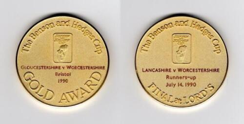 Ian Botham. Benson & Hedges Cup 1990. Two original gold metal medals awarded to Botham playing for Worcestershire. One a &lsquo;Gold Award&rsquo; (Man of the Match) medal awarded to Botham in their victory over Gloucestershire in the Group A match at Bristol, 24th Ap