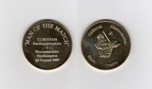 Ian Botham. NatWest Trophy 1990. Original gold metal &lsquo;Man of the Match&rsquo; medal awarded to Botham playing for Worcestershire in the Quarter-Final match v Northamptonshire at Northampton, 1st August 1990. 2&rdquo; diameter. In official presentation case. VG.