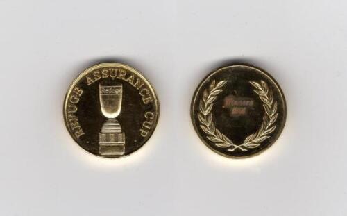 Ian Botham. Refuge Assurance [Sunday] Cup 1991. Original gold metal Winners medal awarded to Botham playing for Worcestershire who defeated Lancashire in the Final at Old Trafford by seven runs. 1&rdquo; diameter. Lacking presentation case. G/VG.