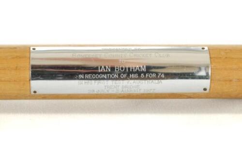 Ian Botham 1977. Original Gunn & Moore cricket stump from Botham’s Test debut for England v Australia in the Test match played at Trent Bridge in August 1977. The cricket stump was presented to Botham by Somerset County Cricket Club. Engraved silver metal