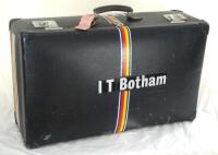 Ian Botham. Cricket touring suitcase used by Ian Botham, probably on the tour to Pakistan/ New Zealand 1977/78 or Australia 1978/79. The suitcase by‘Globetrotter’ with M.C.C. coloured stripes applied to all sides, with ‘I.T. Botham’ label to lid and ‘I.T.