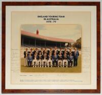 Ian Botham’s second overseas tour. ‘England Touring Team in Australia 1978-79’. Official colour photograph of the England touring party seated and standing in rows wearing M.C.C. tour blazers. The photograph by Ronald S. Woolmore of Adelaide, measures 9.7