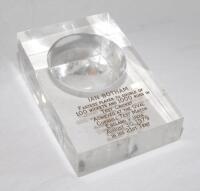 Ian Botham 1979. ‘Fastest player to the double of 100 wickets and 1000 runs in Test Cricket’. A moulded perspex oblong cricket award with circular recess presented to Botham on achieving this milestone. The inscription reads ‘Ian Botham. Fastest Player to
