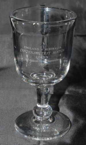 Ian Botham. England v Australia Test Cricket Centenary 1980 held in England. Commemorative crystal glass goblet with etched titles to the side of glass ‘England v Australia. Centenary Test Match. Lord’s. 28th August - 2nd September 1980’ and ‘I.T. Botham’