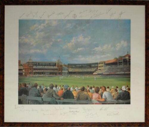 ‘Lord’s Cricket Ground’. Alan Fearnley. Large limited edition colour print produced to commemorate the Centenary Test in 1980, England v Australia, in which Botham was captain of England. Unusually, signed to the upper border by the fourteen members of th