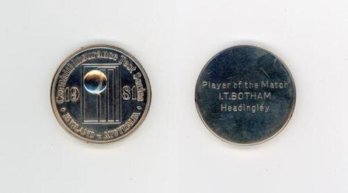 Ian Botham. A silver metal medal presented to Botham for his ‘Man of the Match’ appearance in the third Test match against Australia at Headingley in 1981. The medal with relief of ball and stumps and wording, ‘Cornhill Insurance Test Series. England v Au