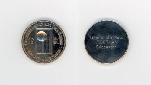 Ian Botham. A silver metal medal presented to Botham for his ‘Man of the Match’ appearance in the fourth Test match against Australia at Edgbaston in 1981. The medal with relief of ball and stumps and wording, ‘Cornhill Insurance Test Series. England v Au