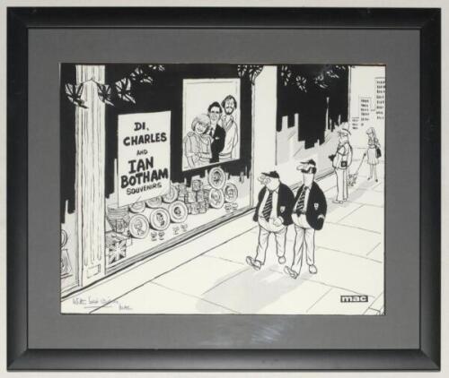 Stanley McMurtry ‘MAC’. ‘Di, Charles and Ian Botham Souvenirs 1981’. Large amusing print from the original pen and ink with wash cartoon artwork depicting, what appears to be, two MC.C. members walking down the pavement, past a large shop window display o