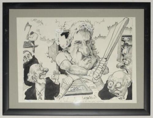 Charles Griffin. ‘Ah Botham!...’. Large amusing and detailed original pen and ink artwork showing an image of a very aggressive looking Ian Botham, with steam coming out of his ears, having burst and broken through the England Test Selectors door at Lord’