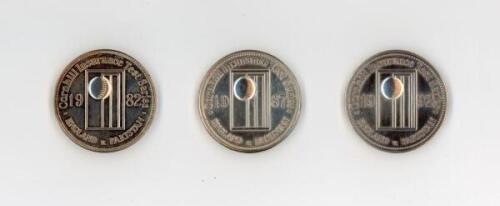 Ian Botham. A selection of three silver metal medals from England v Pakistan Test Series held in 1982, 1987 and 1992 presented for appearances in the various Test series. The medals with relief of ball and stumps and wording, ‘Cornhill Insurance Test Seri