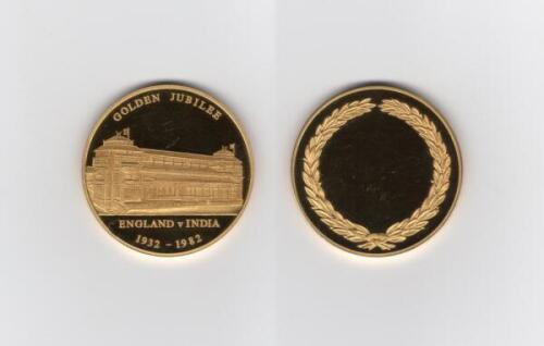 Ian Botham. Golden Jubilee. England v India 1982. Commemorative gold plated medal presented to Botham on the occasion of the 50th Anniversary of England and India Test played at Lord’s on the 10th-15th June 1982. The medal with the Lord’s pavilion to face