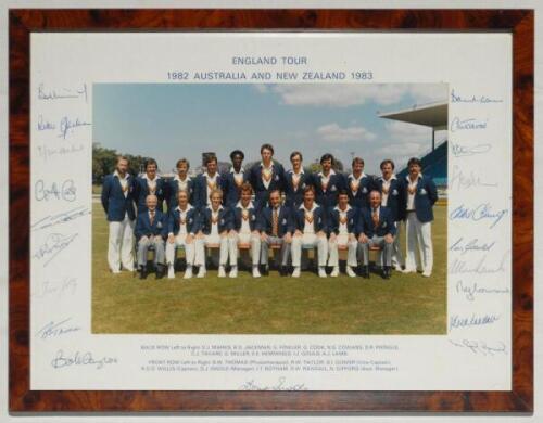 ‘England Tour Australia and New Zealand 1982- 1983’. Official colour photograph of the England touring party seated and standing in rows wearing tour blazers. The photograph measures 10”x7”, laid to official photographer’s mount with printed title to top 