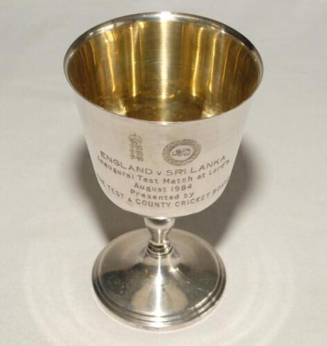 Ian Botham. A silver metal goblet presented to Botham as a member of the England team who played Sri Lanka in the Inaugural Test match played at Lord’s in 1984. The goblet with England and Sri Lankan emblems with the wording ‘England v Sri Lanka. Inaugura