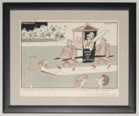 Stanley Arthur Franklin. Amusing original pen and ink with wash cartoon artwork by the artist showing Ian Botham being carried/taken to the wicket to bat in a sedan chair with royally dressed carriers to either end, the match being played in Australia. Th