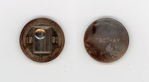 Ian Botham. England v Sri Lanka Test Series 1991. A silver metal medal presented to Botham whilst playing for England in the 1991 Test match against Sri Lanka. The medal with relief of ball and stumps and wording, &lsquo;Cornhill Insurance Test Series. England 
