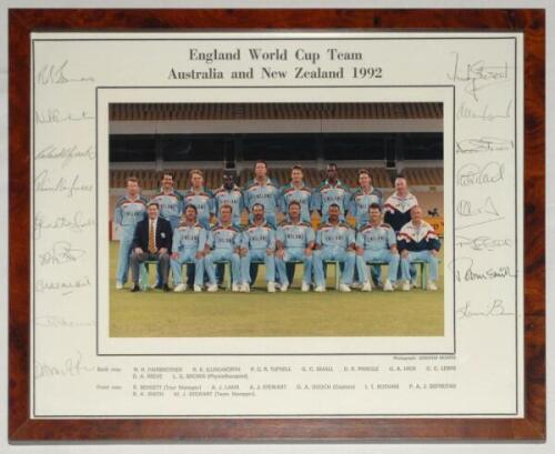 &lsquo;England World Cup Team Australia and New Zealand 1992&rsquo;. Official colour photograph of the England touring party seated and standing in rows wearing cricket attire. The photograph by Graham Morris measures 9.25&rdquo;x6.5&rdquo;, laid to official photographer&rsquo;s mount