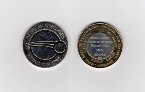 Ian Botham. &lsquo;Benson & Hedges World Cup 1992&rsquo;. Sterling silver medal stamped &lsquo;STG&rsquo; presented to Botham as Man of the Match for England&rsquo;s first match in the round-robin stage, against India at Perth, 22nd February 1992. The medal with World Cup emblem to ce