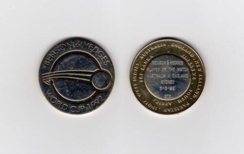 Ian Botham. &lsquo;Benson & Hedges World Cup 1992&rsquo;. Sterling silver medal stamped &lsquo;STG&rsquo; presented to Botham as Man of the Match for England&rsquo;s match in the round-robin stage, against Australia at Sydney, 5th March 1992. The medal with World Cup emblem to centre.