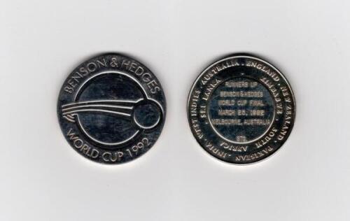 Ian Botham. &lsquo;Benson & Hedges World Cup 1992&rsquo;. Sterling silver &lsquo;Runners Up&rsquo; medal stamped &lsquo;STG&rsquo; presented to Botham as a member of the England team for the final against Pakistan at Melbourne, 25th March 1992. The medal with World Cup emblem to centre. Eng