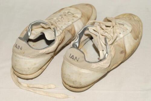 Ian Botham. A pair of Nike cricket shoes with part leather upper and metal studs to sole, worn by Ian Botham in the late 1980&rsquo;s, the boots with distinctive Nike &lsquo;Swoosh&rsquo; tick. The shoes were personalised for Botham by Nike and &lsquo;IAN&rsquo; is printed to the hee