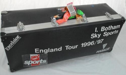Ian Botham. England tour to New Zealand 1996/97. Original black coffin used by Botham while providing commentary on the tour for Sky Sports. The coffin by &lsquo;Excelsior Case & Container Ltd.&rsquo;, with &lsquo;I. Botham, Sky Sports, England Tour 1996/97&rsquo;, applied &lsquo;Sky 