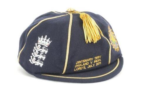 Ian Botham. &lsquo;England v India, Centenary Test Cap&rsquo;. A cricket cap presented to Ian Botham to celebrate the Centenary of Test cricket between England and India in 2011. The navy blue cap, by Albion of Australia, with gilt lined quarter sections and gilt tas