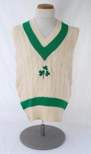 Ian Botham. Ireland sleeveless woollen sweater by &lsquo;Bill Edwards&rsquo; with county colours of green to neck and waist, and national shamrock emblem to front. From the personal collection of Ian Botham, presumably given or exchanged when Worcestershire played ag