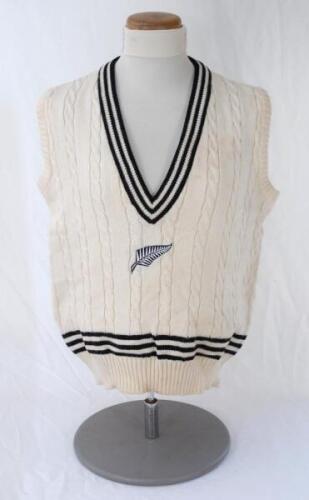 Danny Morrison. Auckland & New Zealand 1985-1997. Original New Zealand woollen sleeveless sweater worn by Morrison during his playing career, probably late 1980s. The sweater with New Zealand colours of black and white to neck and waist. Silver fern emble