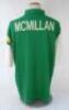 South Africa tour to England 1994. Short sleeve shirt by &lsquo;Tracstar&rsquo;,white to the front, green to the back, with green collar and green and yellow stripes to the left sleeve. &lsquo;McMillan&rsquo; to back. &lsquo;South Africa&rsquo; and &lsquo;Total&rsquo; sponsor&rsquo;s emblem to chest. Size &lsquo;X - 2