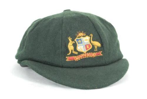 Dean Mervyn Jones. Victoria, Derbyshire & Durham & Australia 1981-1997. Australian dark green cloth Test cap worn by Jones during his Test career. The cap with embroidered Australian emblem to front. The cap, lacking the makers label, is well worn, slight