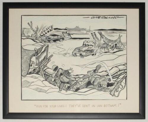 Clive Collins. &lsquo;Run for your Lives....&rsquo;. Large amusing original pen and colour artwork showing an image of a battle zone with a landing craft to background and cars crashing their way through machine guns posts and soldiers. To foreground their is an unto