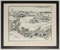 Clive Collins. ‘Run for your Lives....’. Large amusing original pen and colour artwork showing an image of a battle zone with a landing craft to background and cars crashing their way through machine guns posts and soldiers. To foreground their is an unto