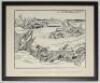 Clive Collins. &lsquo;Run for your Lives....&rsquo;. Large amusing original pen and colour artwork showing an image of a battle zone with a landing craft to background and cars crashing their way through machine guns posts and soldiers. To foreground their is an unto