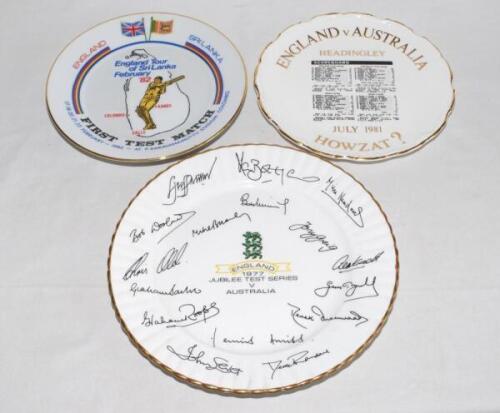 Ian Botham. Commemorative Test Match plates. Three plates, England v Australia (Jubilee Test Series) 1977, with England emblem and details to centre and facsimile signatures of the England team to surround, 10&rdquo; diameter. Royal Stafford. &lsquo;England v Austral