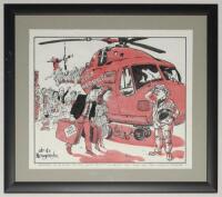 Alan de la Nougerede. Amusing original pen and ink with colour cartoon artwork by the artist showing Ian Botham as the pilot of a helicopter which is taking Prince Andrew and Sarah Ferguson away on their honeymoon in July 1986 with the Queen and members o