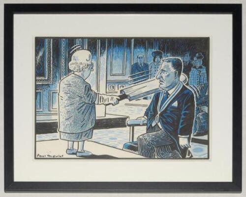 Paul Thomas. &lsquo;Arise Sir Ian&rsquo;. Amusing original colour artwork of Ian Botham bending on one knee in front of the queen who is knighting him with a large cricket bat. Signed to the lower border by the artist Paul Thomas. The drawing mounted, framed and glaz