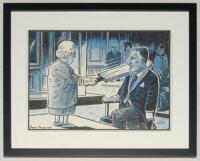 Paul Thomas. ‘Arise Sir Ian’. Amusing original colour artwork of Ian Botham bending on one knee in front of the queen who is knighting him with a large cricket bat. Signed to the lower border by the artist Paul Thomas. The drawing mounted, framed and glaz