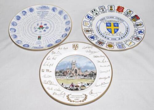 Ian Botham. Commemorative plates. Three plates, &lsquo;Centenary of Test Cricket at Old Trafford 1984&rsquo;. Coalport commemorative bone china plate with details of the match, England v West Indies, July 1984 plus portraits of leading players to outer border. To ver