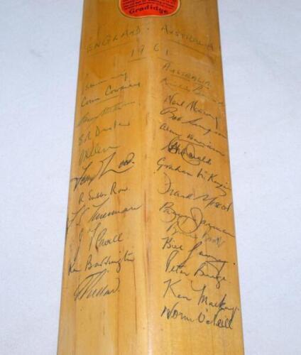 Ian Botham. A Gradidge &lsquo;Colin Cowdrey&rsquo; autograph bat signed to the verso by the England and Australian Test teams of 1961. There are eleven England and thirteen Australian signatures. Signatures include Peter May (Cpt), Cowdrey, Statham, Trueman, Dexter, 