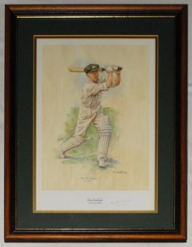 &lsquo;Don Bradman&rsquo;. Terence Gilbert. Attractive colour print of Bradman in Australian cap driving. Signed to lower border of print in pencil by Bradman. Attractively mounted, framed and glazed. 17&rdquo;x22&rdquo; overall. From Ian Botham&rsquo;s personal collection. VG.