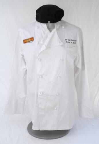 Ian Botham’s chef clothing 2013. ‘Sir Ian Botham Boss of Beef’. Two chef’s jackets, and black skull cap, worn by Botham in his role as promotional representative for Beefeater Grills in 2013. The Egyptian cotton jacket by ‘Russums’, size XXL, the cap by ‘