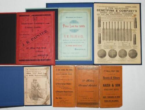 Cricket and sporting equipment catalogues and price lists 1881-1898. Six original catalogues. ‘A Few Selections. Benetfink & Company’s Sport and Games Catalogue’, April 1898. 4pp tipped in to blue cloth. G.W. Fallas & Co., Wakefield, ‘Price List for 1893.