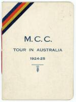 M.C.C. tour of Australia 1924/25. Official players itinerary for the tour, the front cover with title to centre and M.C.C. colours to top left hand corner. Red cord tie. The itinerary lists the members of the touring party, tour programme including matche