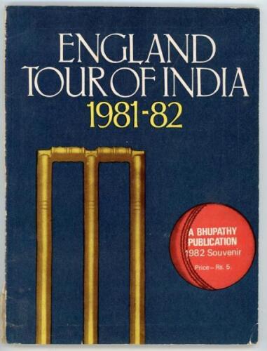 ‘England Tour of India 1981-82’ souvenir tour brochure published by D.R. Bhupathy, with facsimile autograph sheet and signed unofficial autograph sheet of the England touring party slipped in. Also a ‘Newbery’ miniature bat with typed label ‘England Tour 