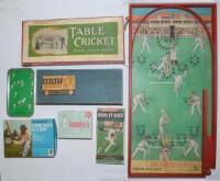 Cricket games early 1900s- 1960s. Box comprising a selection of table top indoor cricket games, the majority in original boxes. ‘Table Cricket’, unknown, early 1900s. ‘Run-it-out or Card Cricket’ Kum-Bak Sports, Toys & Games, 1930s. ‘Googly’ card game, Sm