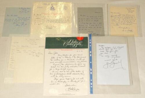 England cricketers’ letters 1960s-1990s. Seven handwritten letters from England players, the majority to Jack Sokell of the Wombwell Cricket Lovers’ Society replying to invitations to attend events, some undated, each signed by the correspondent. Signatur