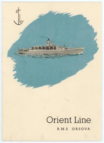 M.C.C. tour of Australia 1954/55. Orient Line R.M.S. Orsova folding ‘Luncheon Menu’ signed to menu page by seventeen members of the touring party. Signatures are Hutton (Captain), Bailey, Statham, May, Simpson, Evans, Cowdrey, Wardle, Edrich, Bedser, McCo