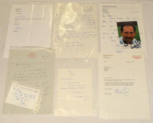 England cricketers’ letters 1980s-2010s. Six handwritten letters/ cards from England players, replying to requests for signatures, thanks for gifts etc., each signed by the correspondent. Signatures are Mike Brearley (Middlesex), Trevor Bailey, Graham Goo