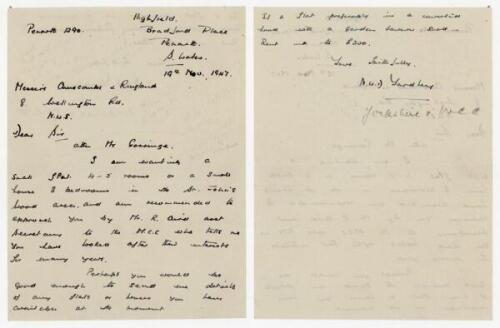 Norman Walter Dransfield Yardley. Cambridge University, Yorkshire & England, 1935-1955. Handwritten two page letter to a London estate agent dated 19th November 1947. Following a recommendation from Ronnie Aird, Assistant Secretary of the M.C.C., Yardley 